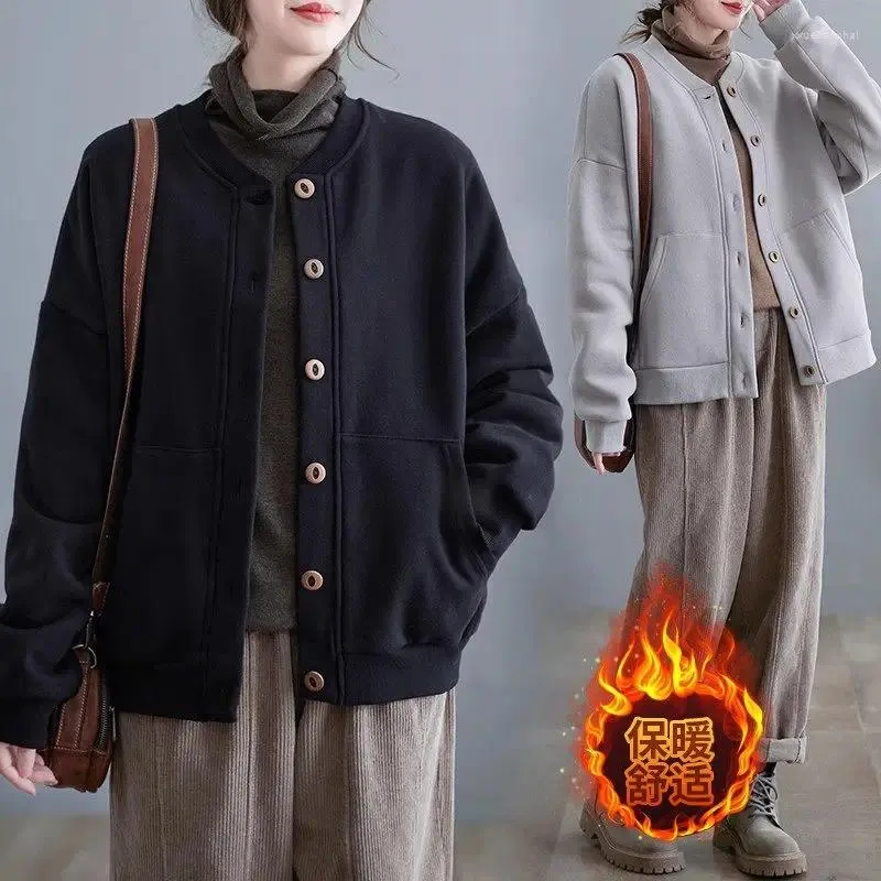 Giacche da donna Coreano Retro Fibbia Casual Felpa Giacca in peluche 2024 Autunno Inverno Top a maniche lunghe Cappotto versatile oversize Z2703