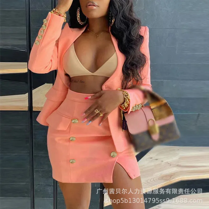 Wepbel Metal Buckle Lapel Suit Blazers Coats Sexy Women Summer Skirt Suits Pencil Mini Two Piece Sets Outfits 240202