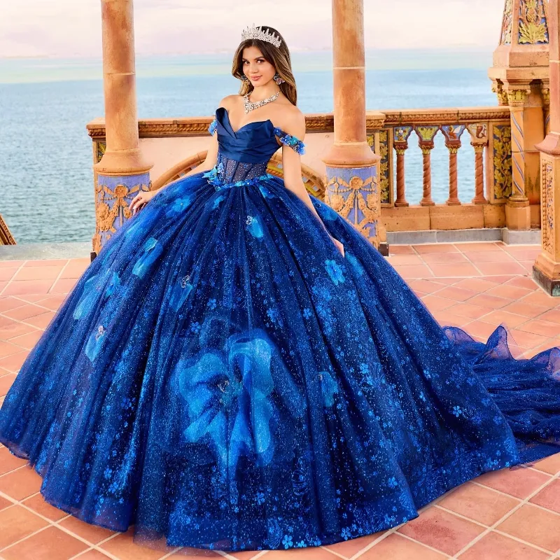 Blauw Glanzend Quinceanera Jurken Tule Kralen Uit De Schouder Feestjurk Applicaties Lace Up Hof Trein Gala Baljurk vestidos de 15