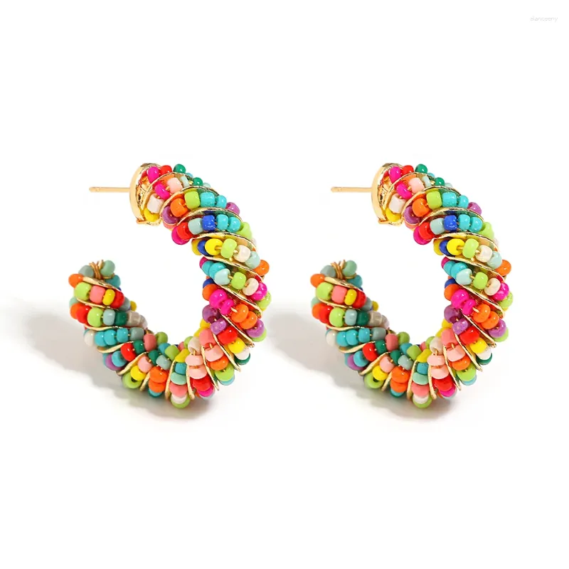 Hoop Earrings AENSOA Handmade Rainbow Seed Bead For Women Gold Plated Twisted Metal Round Colorful Beaded Jewelry 2024