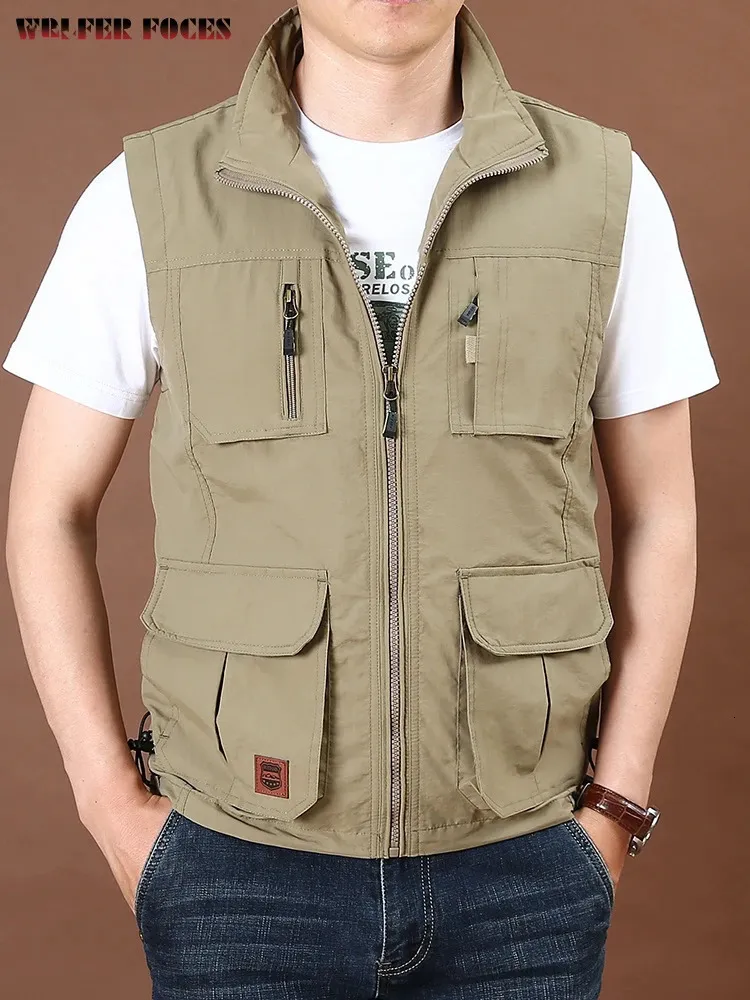 Mens Thin Tooling Loose Quick Drying Vest Outdoor Sports Coat Multi Pocket Stand Collar Spring Camping Fishing 240202