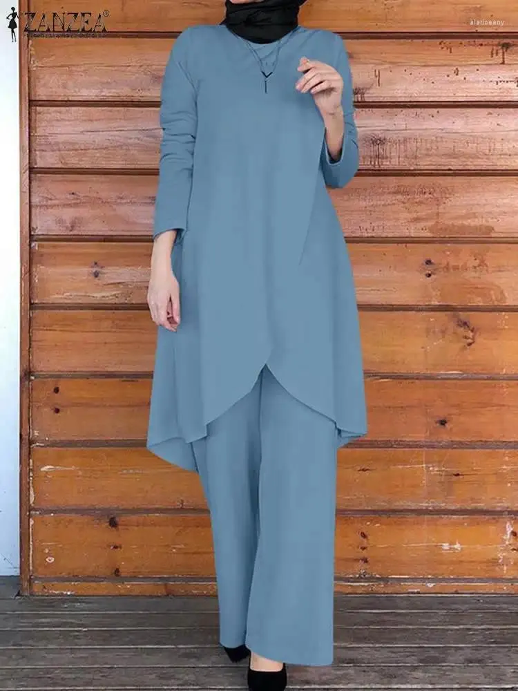 民族衣料ザンゼア・イード・ムバレク・イスラム教徒のスーツ2PCS女性カジュアルパンツセットファッション非対称のブラウスズボン七面鳥のマッチ