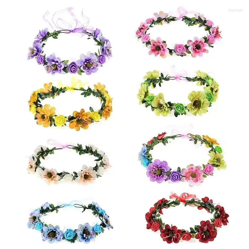 Pinces à cheveux Rose fleur Boho bandeau couronne florale avec ruban réglable pour Festival maison ornements extérieurs