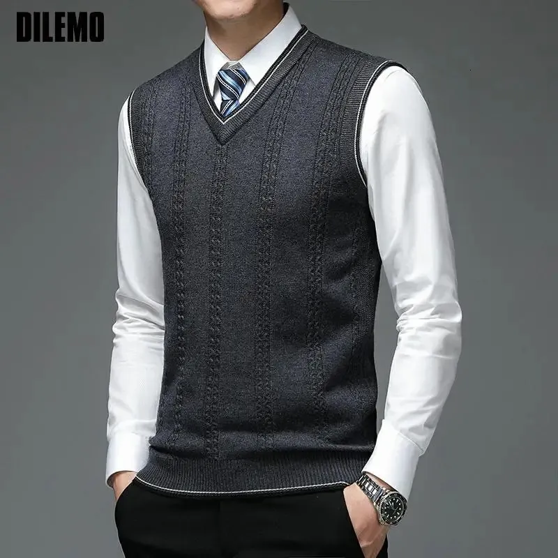 Autum mode märke solid 6 ull pullover tröja v halskna väst män trendiga ärmlös avslappnad toppkvalitet män kläder 240125