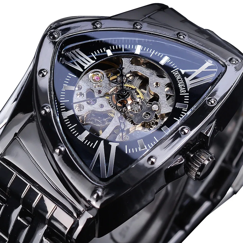 DUNCOUGAR Driehoek Skeleton Zwart Automatisch Horloge Roestvrij Staal Heren Business Sport Onregelmatig Mechanisch Horloge 240123