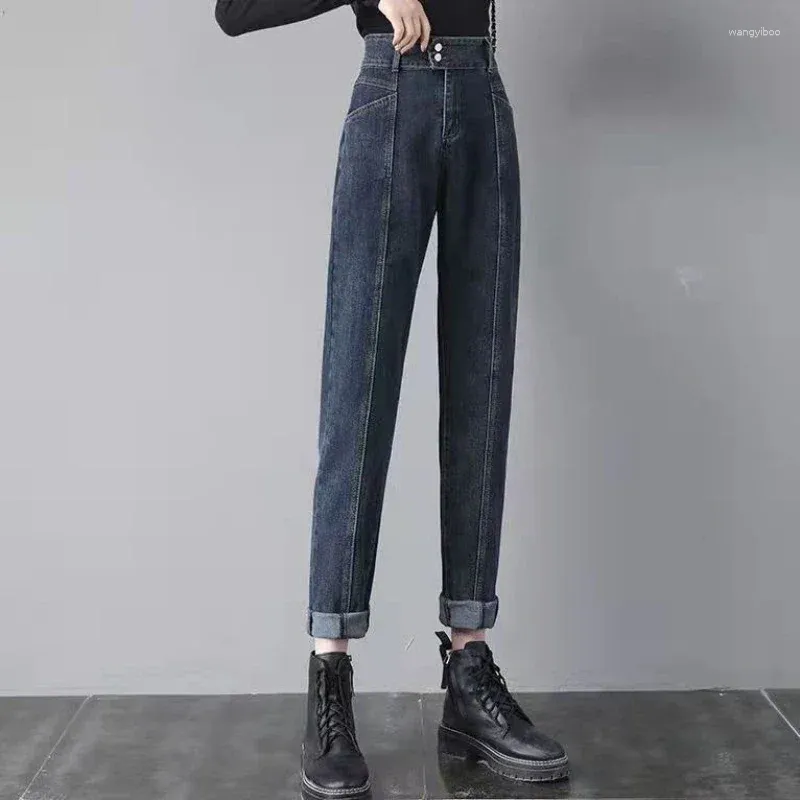 Kvinnors jeans höga midja med fickor grå byxor för kvinnliga byxor blå hajuku mode 90 -tal z pant emo gyaru unik