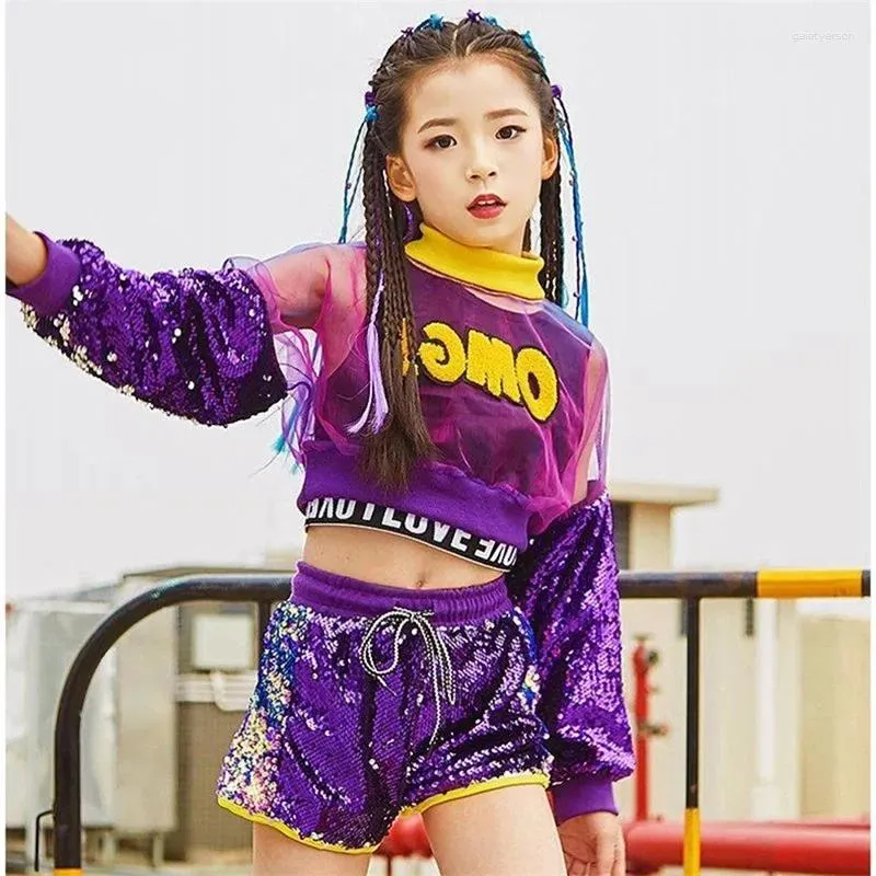 Stage Wear 3 pezzi Set ragazza danza jazz costume bambini strada hip hop paillettes per ragazze