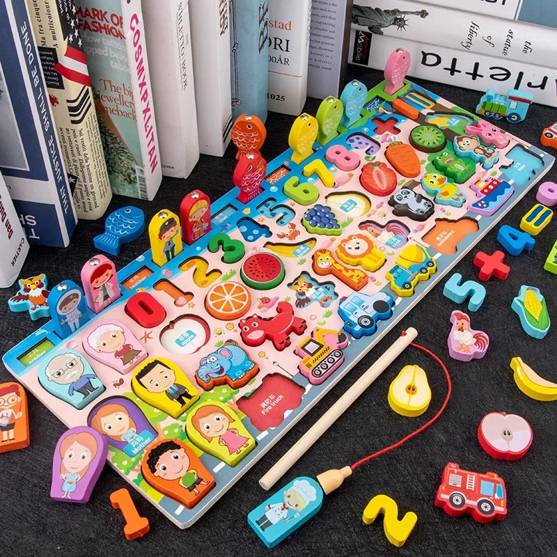 3D-Holzblöcke für Kinder, Montessori, magnetisches Angelbrettspiel, Zahlen- und Buchstabenform, passende Blöcke, Baby-Lernspielzeug, Geschenk 240118