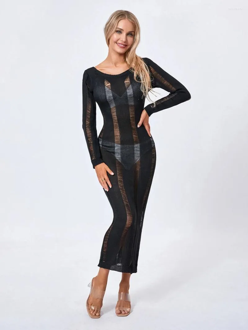 Casual Dresses Women Sexy See Through Bodycon Dress Backless Tie Up Long Sleeve Fitted Midi Hip-wrap Tunic Clubwear