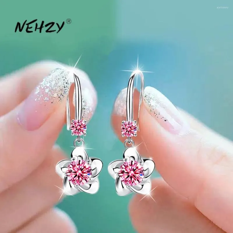 Dingle örhängen Nehzy 925 Silver Needle Women's Fashion Jewelry Pink Blue White Cubic Zirconia Long Tassel Flower Hook Type