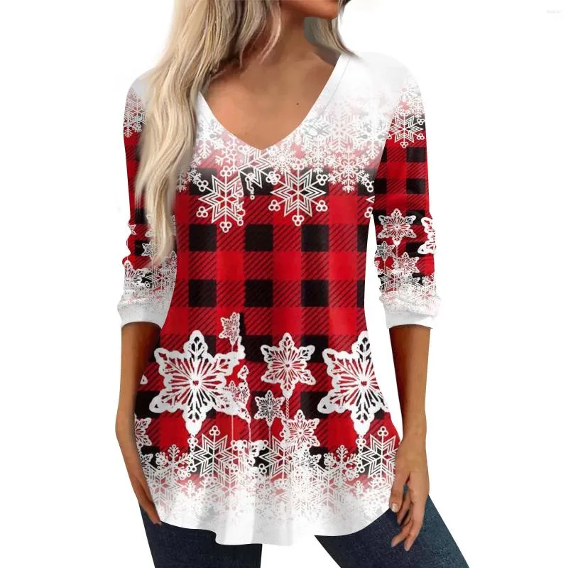 Women's T Shirts 3/4 Sleeve For Women Christmas Print Graphic Tees Blouses Casual Plus Size V-Neck Basic Tops Pullover Pretty Clothing