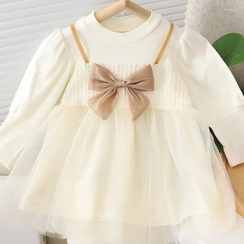 Vestidos de niña de otoño, vestido de princesa infantil de algodón de manga larga con lazo grande, tutú de malla, ropa de fiesta para bebés de 6 a 5 años