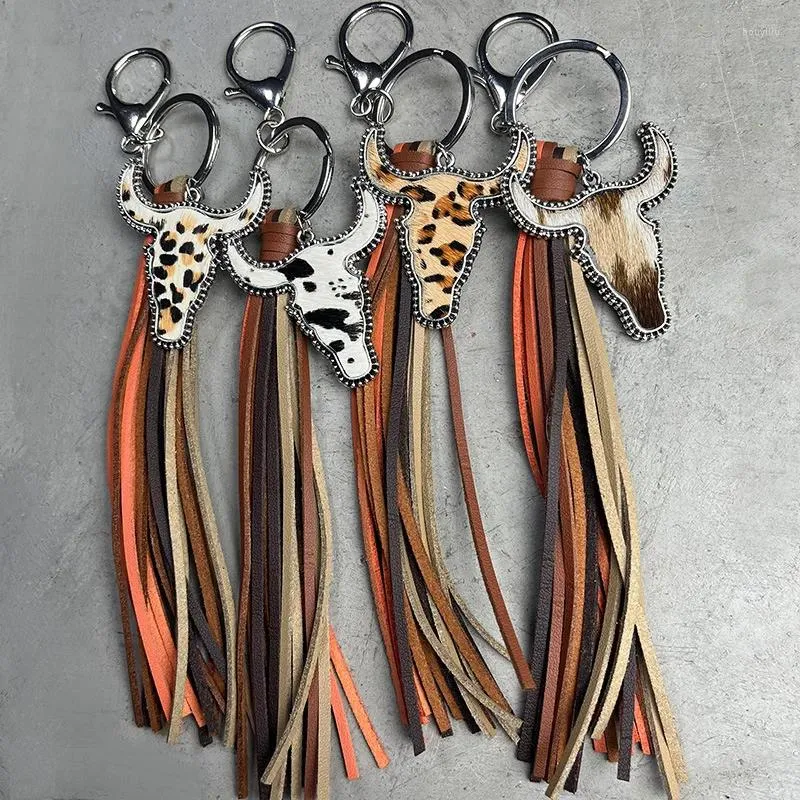 Keychains 2024 Wholesale Multi-color Western Tassel Style Personalized Animal Print Cow Head Leather Keychain Pendant Bag Jewelry