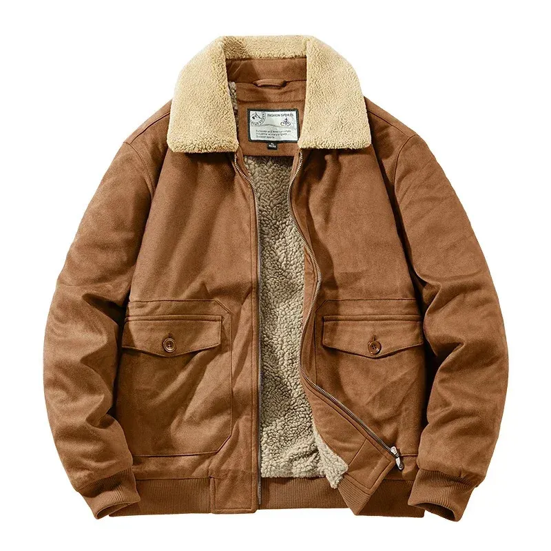 Осенне-зимняя замшевая куртка, флисовая мужская роскошная кожаная куртка с меховым воротником, мужское утолщенное теплое пальто-бомбер, ветровка, парки 240124