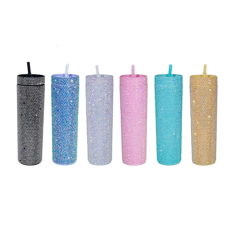 16oz Skinny Tumbler Double Wall Bling Water Bottle Glitter Rhinestone Plastic Cup With Lid Straw for Home Office Party Beach 240122