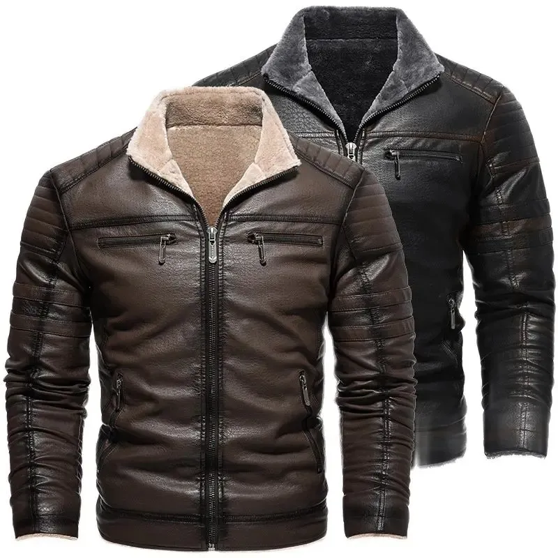 Mens faux läderjacka högkvalitativ avslappnad blixtlås fleece varma rockar vintage motorcykel läderjacka för män s-4xl 240202