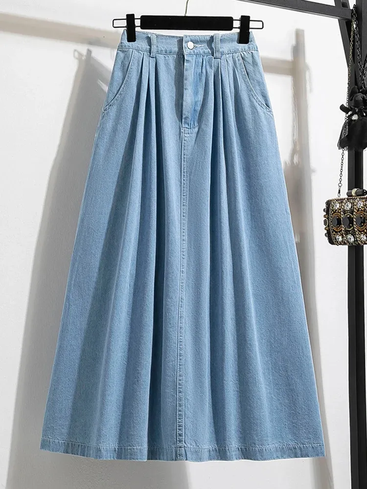 Outono plus size denim saia feminina cintura alta elástica azul ou céu azul cor coreano moda a linha midi jeans saias 240129