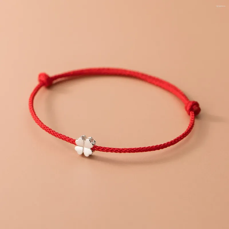 Link Bracelets Classic S925 Sterling Silver FlowersRed Rope Clover Adjustable Bracelet For Women Fine Jewelry Plant Accessories Retro Female