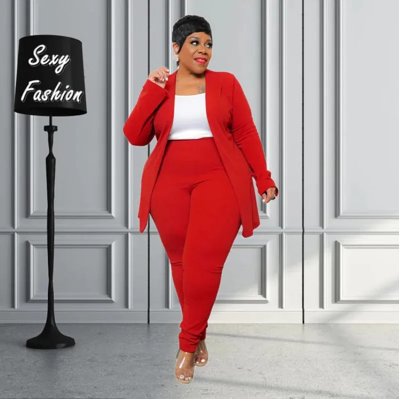 L-4XL Plus Size Women Clothing Two Stists Office Office Long Sleeve Pant Suits Female Winter Winter Fall Addits بالجملة 240202