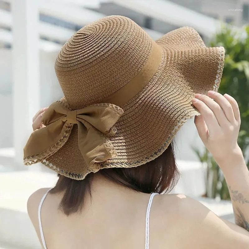 Wide Brim Hats Spring And Summer Women's Sun Straw Hat Shaded Big Bamboo Bowknot Ladies Fashion Fisherman Outdoor 2024