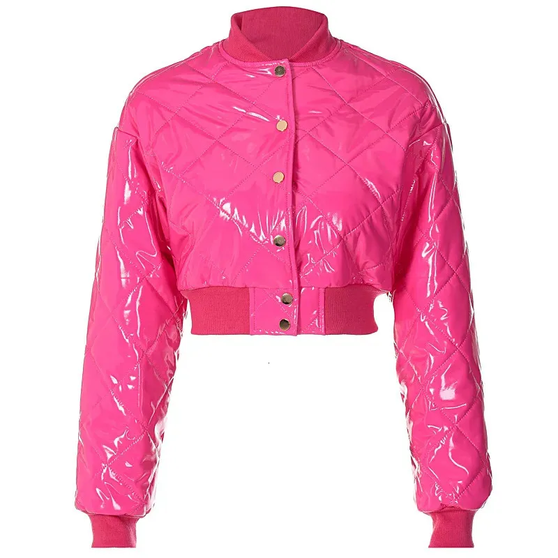 甘い女性光沢のあるピンクのPUレザージャケットを覆うウィンドブレーカーブライトフェイクレザーショートジャケットアウターオートバイY2K 90Sストリート240124