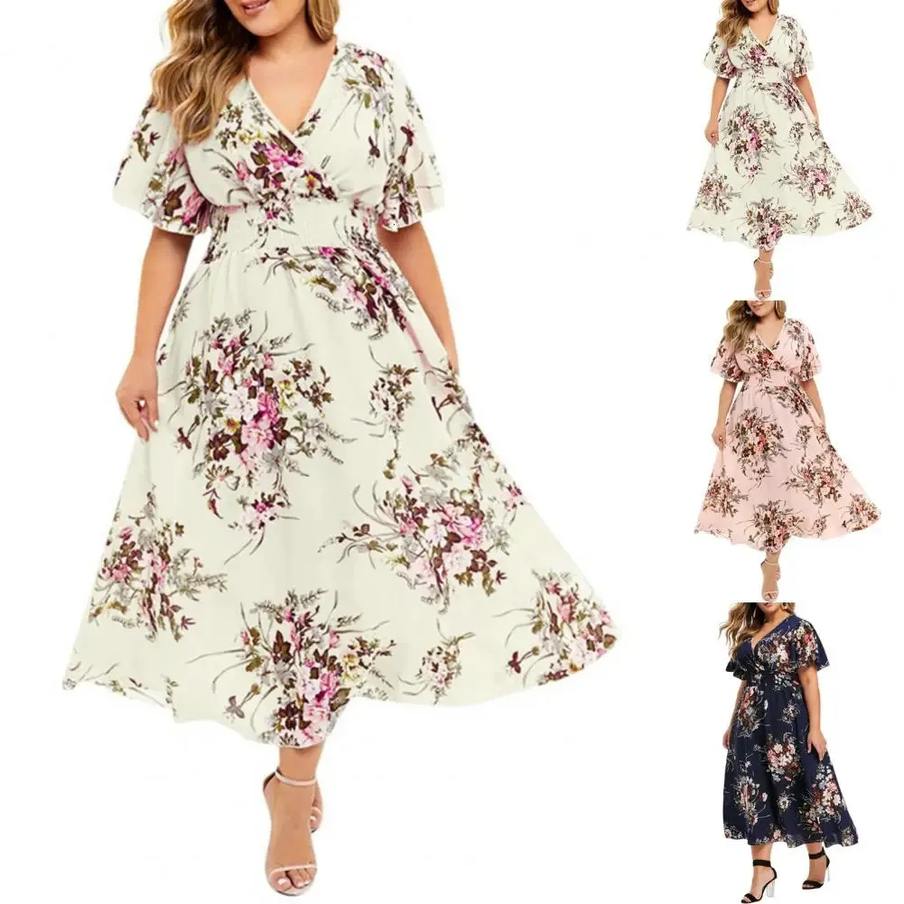 Plus Size Summer Dres Blumenchiffon Vneck Shortsleeved Kleid Elastizität High Taille Bohemian 240202