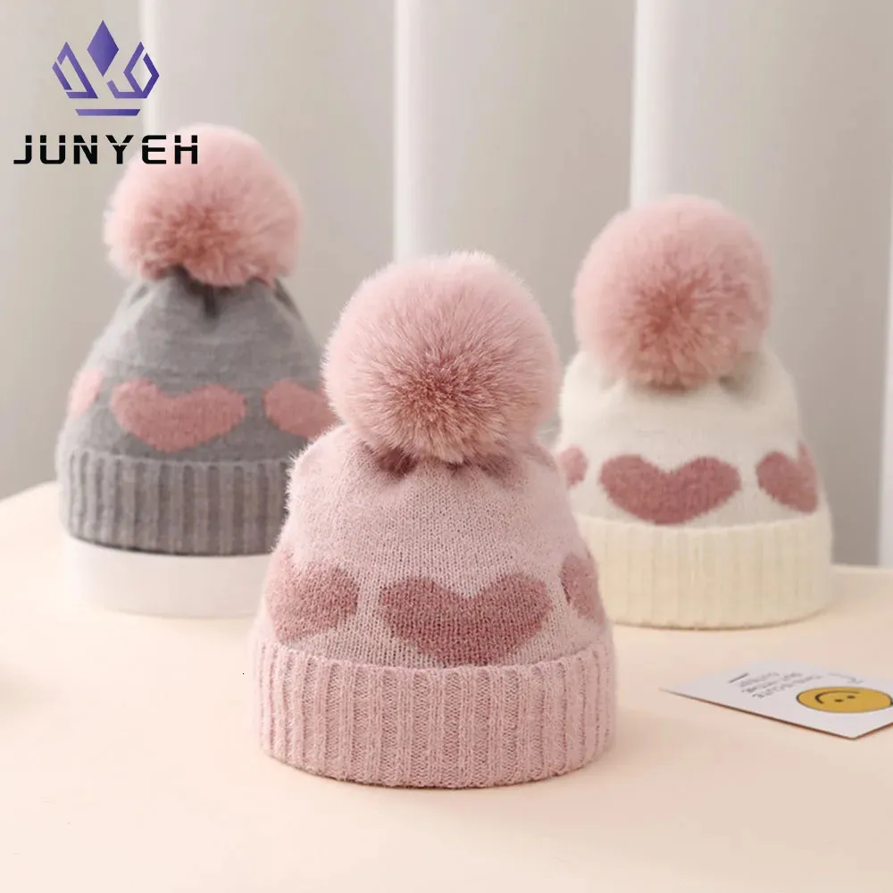 Kış bebek şapkası çift katmanlı kalınlaşmış jakard aşk desen örme şapkalar doğdu yün beanies çocuklar için kapaklar 0-2 yıl 240130