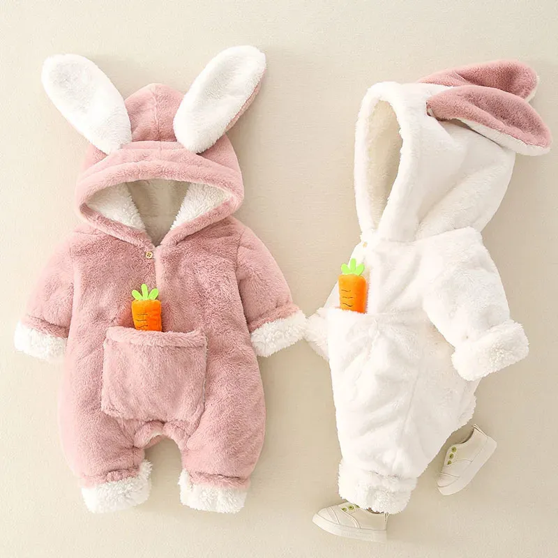 Bébé barboteuses hiver chaud corail polaire né bébé fille vêtements dessin animé lapin manteaux infantile combinaison animaux salopette pyjamas 240202