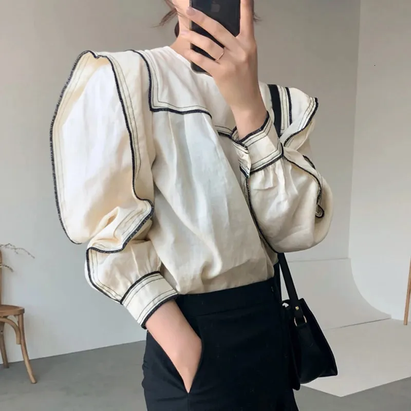 Casual O-neck Patchwork Women Blouses Shirts Full Sleeve Ruffles Female Blouses Shirts Spring Summer Tops Blusas 240202