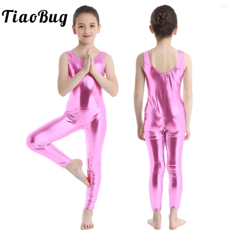 Etapa desgaste niños metálico sin mangas ballet gimnasia leotardo trajes de leotardo brillante tanque mono mono ropa de baile ropa de rendimiento