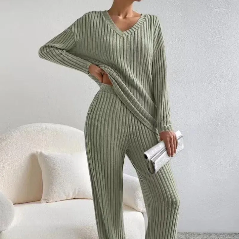 Calças femininas de duas peças outono e inverno pulôver com decote em v rosca fina ajuste cor sólida moda casual elegante commuter manga longa terno