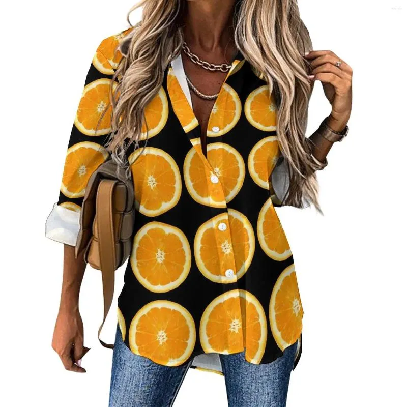 Женские блузки с ломтиками апельсина, свободная блузка с фруктовым принтом, уличная одежда, женская рубашка большого размера с длинным рукавом Kawaii, осенний топ с принтом