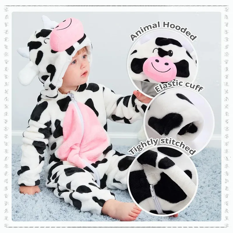 MICHLEY Halloween Cow Flannel Baby Rompers Winter Clothes Costume Hooded Bodysuits Pajamas Animals Overall Jumpsuit For Girl Boy 240202