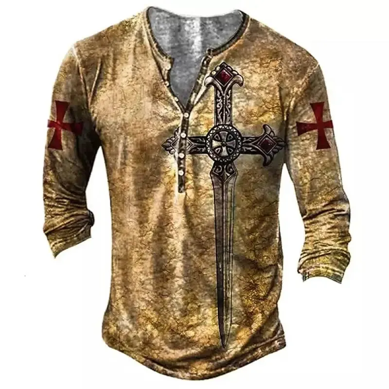 Vintage coton hommes t-shirts 3D imprimé chevalier gothique à manches longues décontracté Henley chemise haut surdimensionné t-shirt homme Punk pull 240129