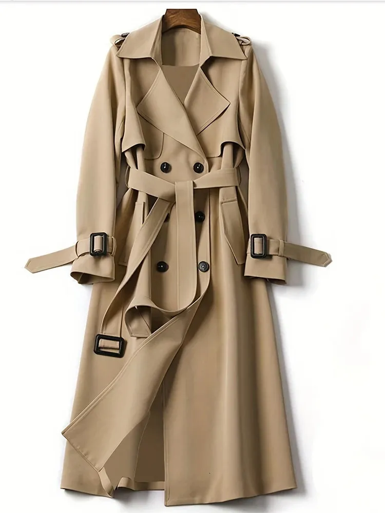 Herfst dames lange effen trenchcoat klassieke dubbele rij knopen revers jas met riem dames klassieker 240202