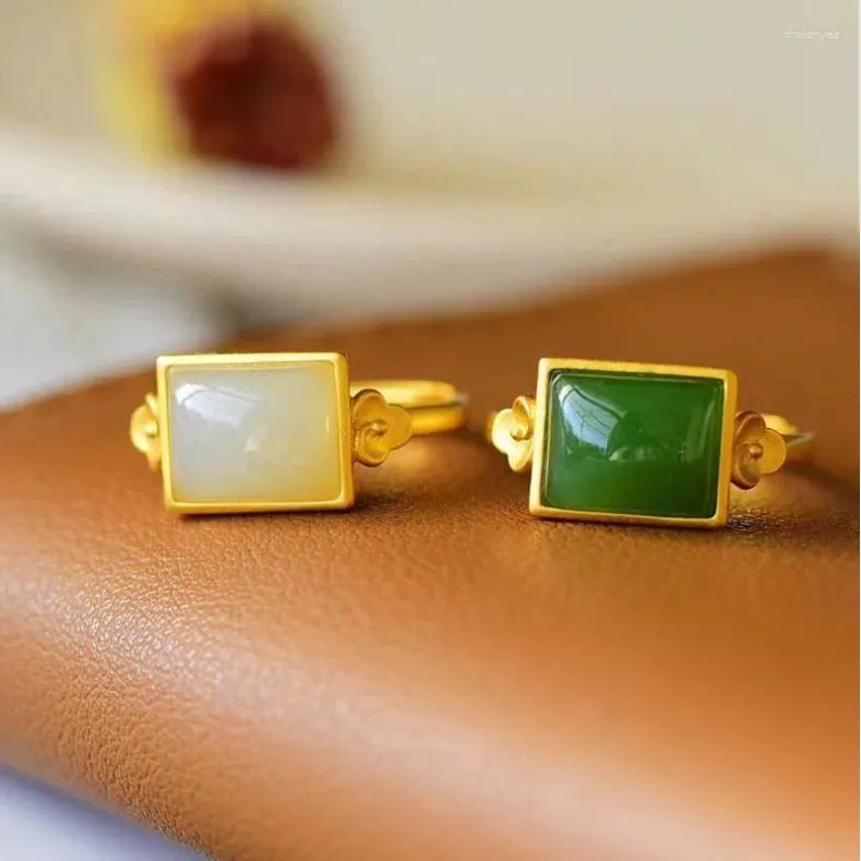 Bagues de cluster S925 Sterling Silver Incrusté Naturel Hetian Blanc Jade Jasper Bague carrée Antique Gold Craft Simple Mode