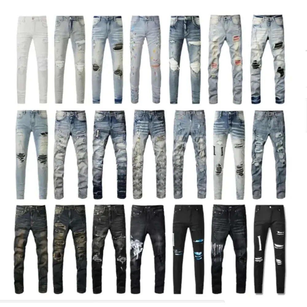 Designer maschile jeans viola high street hole patch femminile femminile amirs pannello ricamo da stella elastica pantaloni a fit