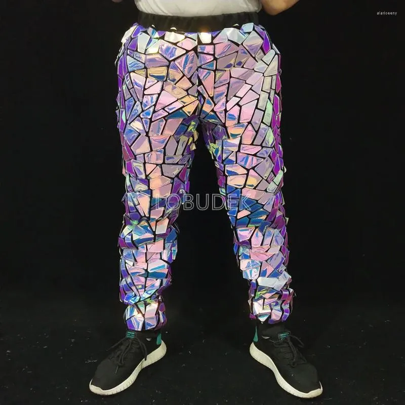 Pantaloni da uomo Viola Blu Paillettes Laser Casual Bar Cantante maschile Spettacolo teatrale Pantaloni a specchio Festival Party Show Rave Dance Costume