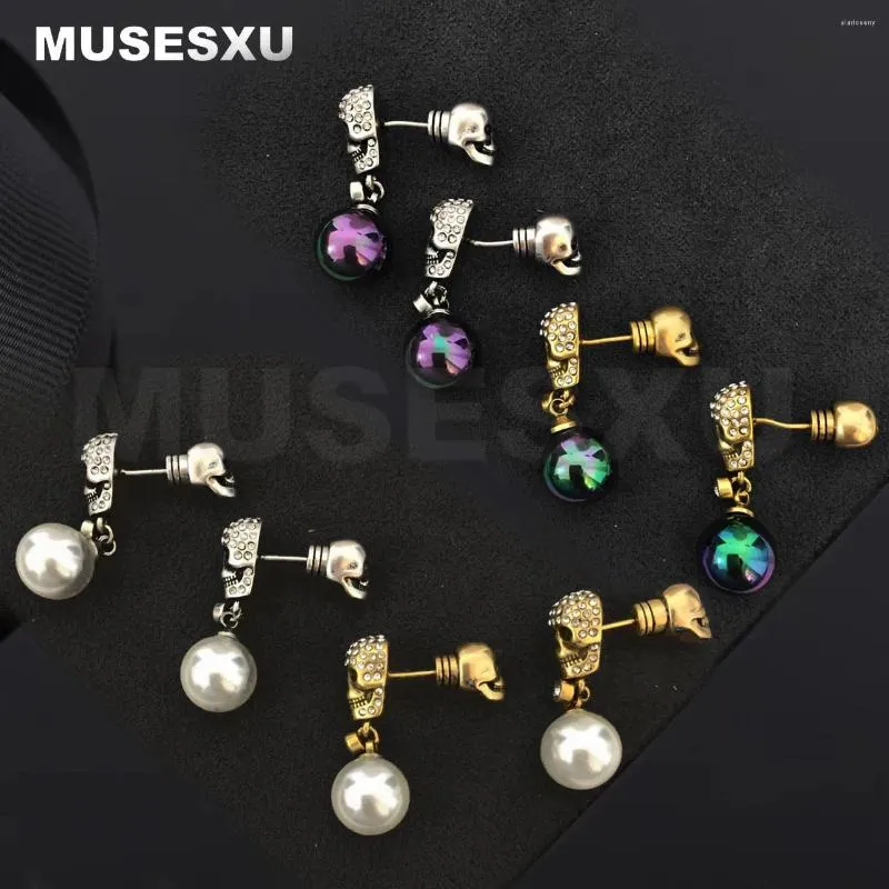 Dangle Earrings Jewelry And Accessories Hip-Hop Punk Style Double Skull Pearl With Zircon Inlay For Women's Party Gifts