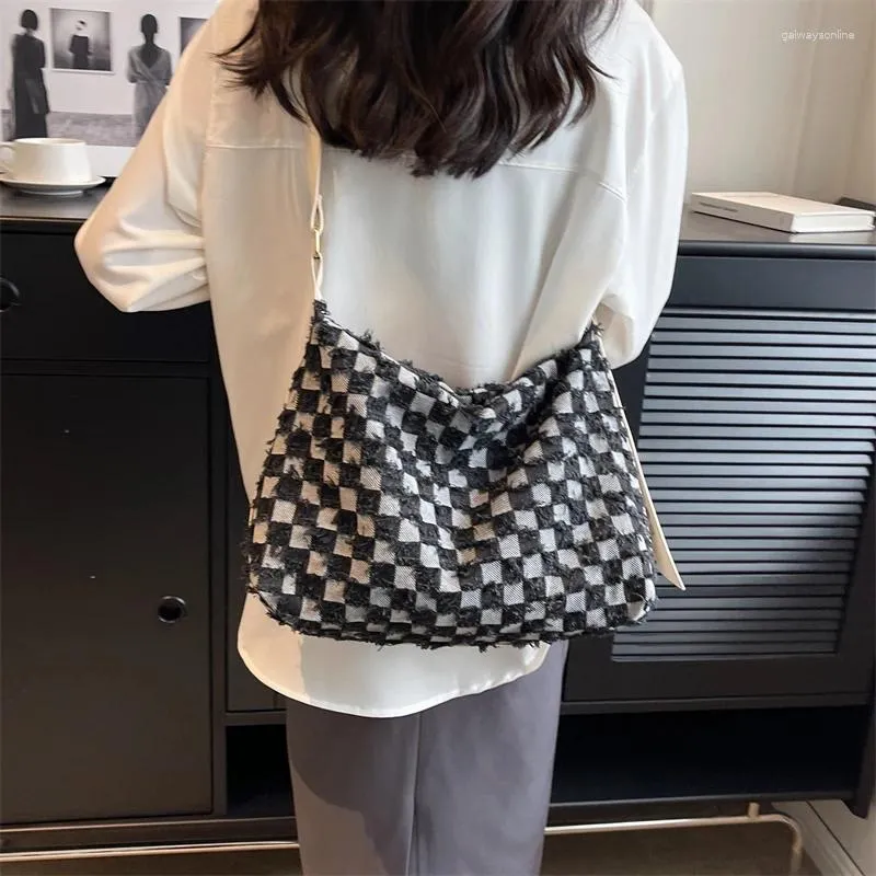 Evening Bags Checkered Women's Bag 2024 Jeans Eco Korean Shopping Denim Shoulder Cross Large Messenger Y2K PU Belt Satchel