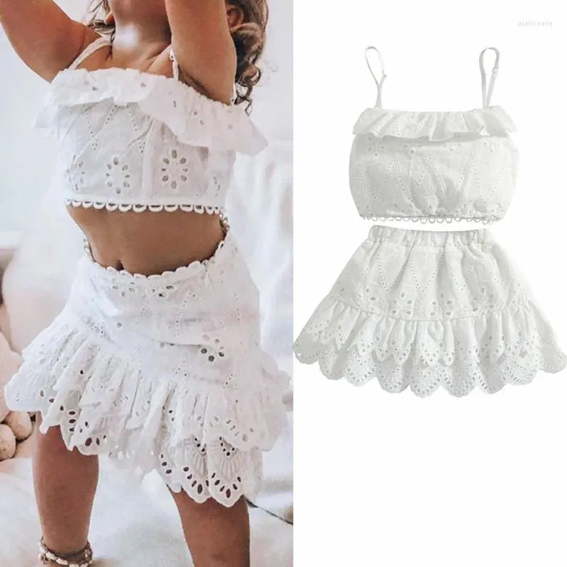 Conjuntos de roupas 1-6y crianças meninas roupas de verão conjunto bebê sem mangas rendas oco camisola cintura alta plissado saias crianças roupas casuais