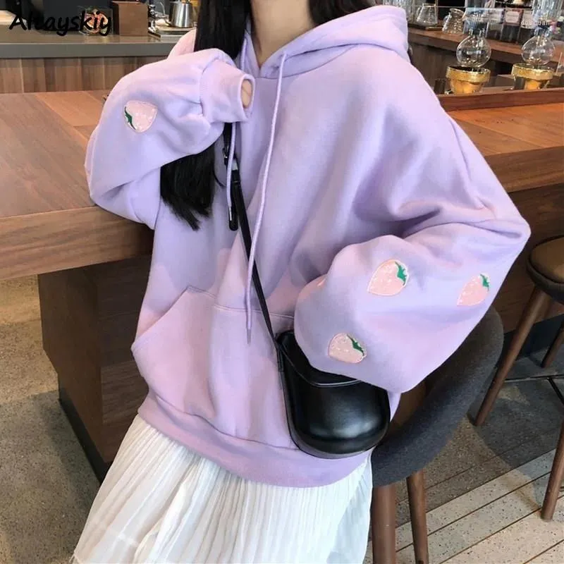 Sweats à capuche pour femmes Preppy Style Mode Femmes Lâche Poche avant Douce Coréenne Broderie Harajuku O-Cou Plus Velours Plus Épais Confortable