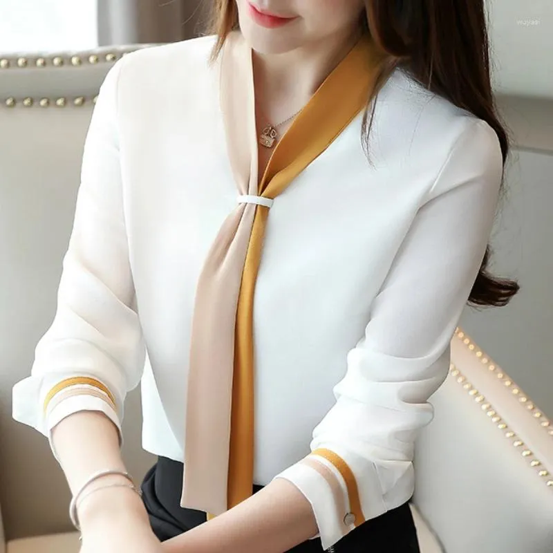 Kvinnor BLOUSES Fashion Woman 2024 Bow Tie V-hals Office Ladies Tops Långärmad chiffongblus Kvinnor Kvinnor och C35