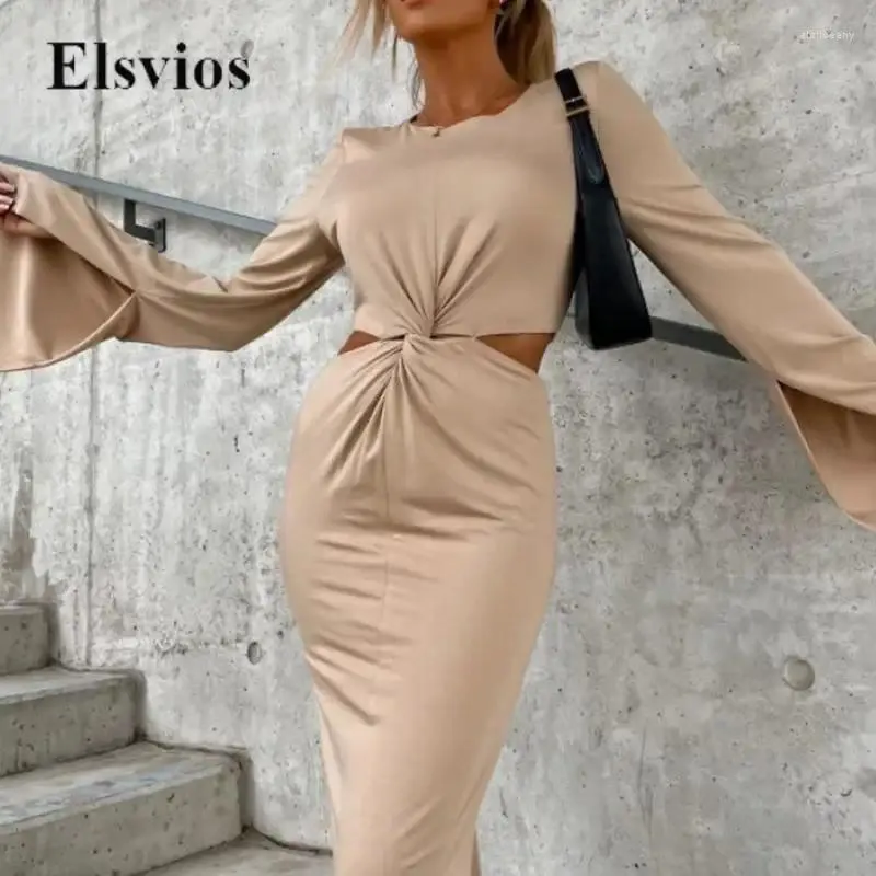 Casual Dresses Fashion Twist Cut Off Hollow Design Party Dress Solid Elegant Flare Sleeve Slim Long Sexy Women O-Neck Evening Maxi