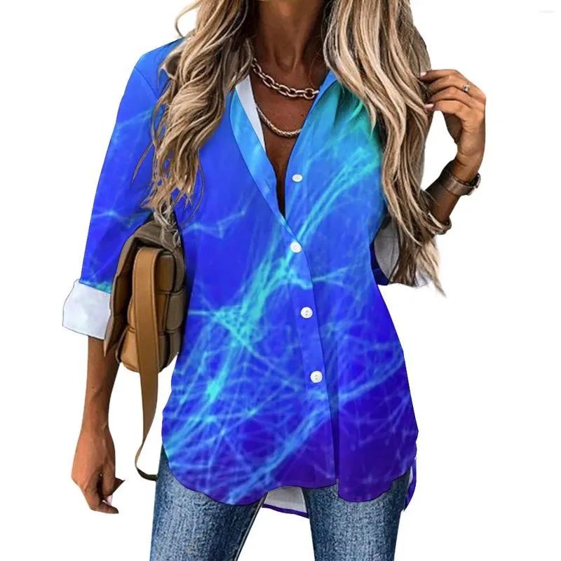 Kvinnors blusar Två ton Casual Blus Blue and Green Cool Graphic Womens Long Sleeve Basic Shirts Autumn Oversize Clothing