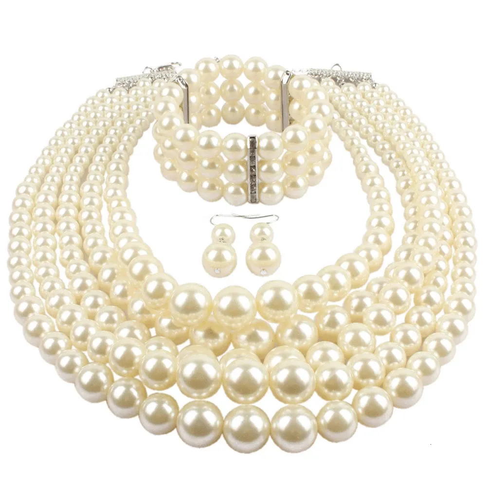 European and American Cross-border Explosion Models Exaggerated Imitation Pearl Set Multi-layer Pearl Necklac Beaded Three-piece 240202