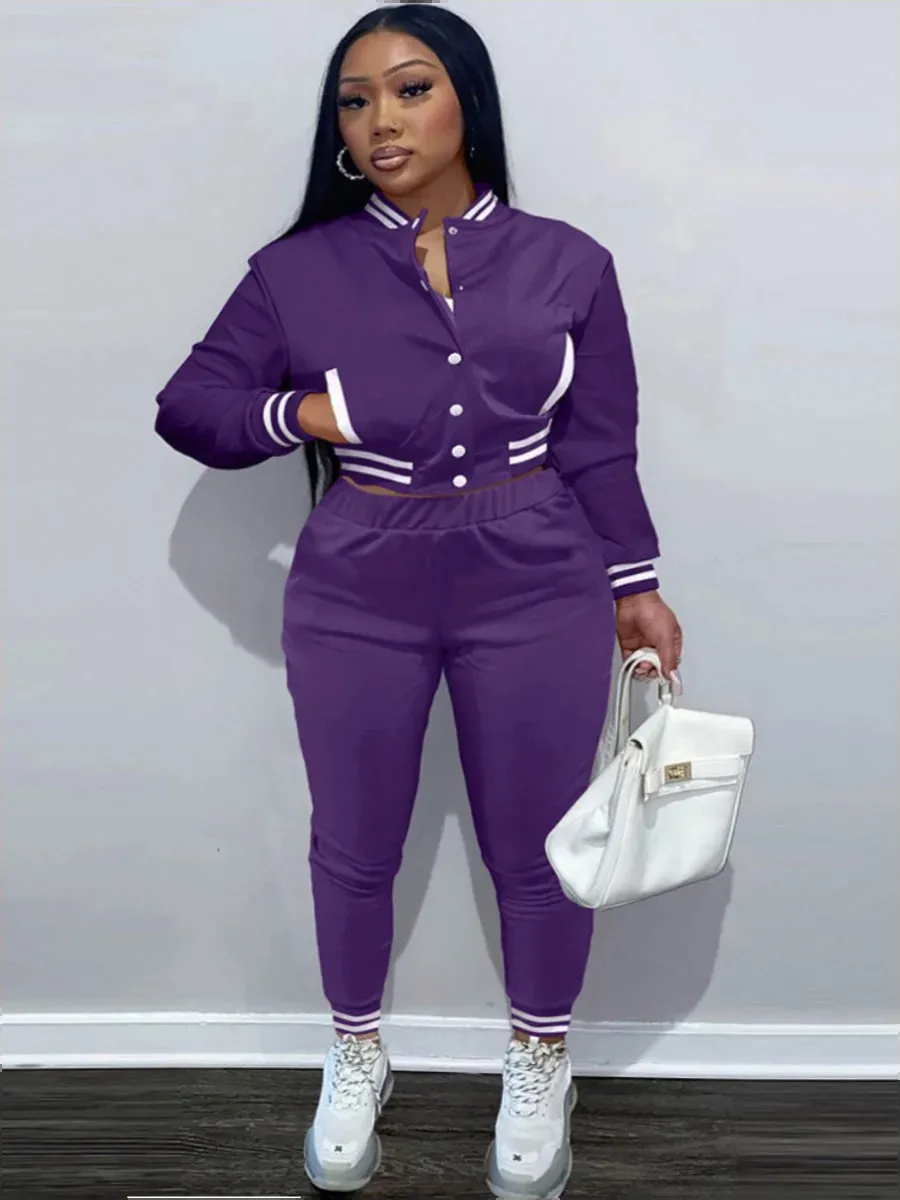 LW grande taille femmes automne hiver Baseball col à manches longues décontracté chaud sweats poche conception rayé pantalon ensembles de mode 240202