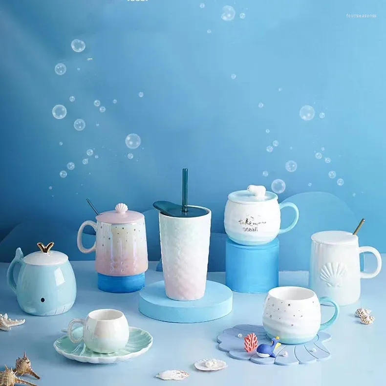 Mugs Sea Shell Mug With Lid Spoon Ceramic Cup Household Water Set Whale Lovers Pearl Coffee