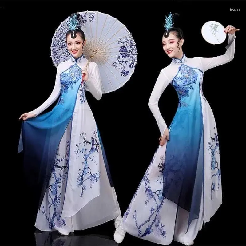 Stage Wear Traditional Chinese Vintage Hanfu Women Flower Print Qipao Dress Ancient Folk Dance Streetwear Performance