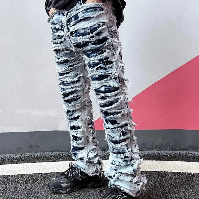 Homens angustiados denim jeans streetstyle vintage empilhados ajuste elegante magro queimado rasgado calças casuais moda inverno roupas 240130